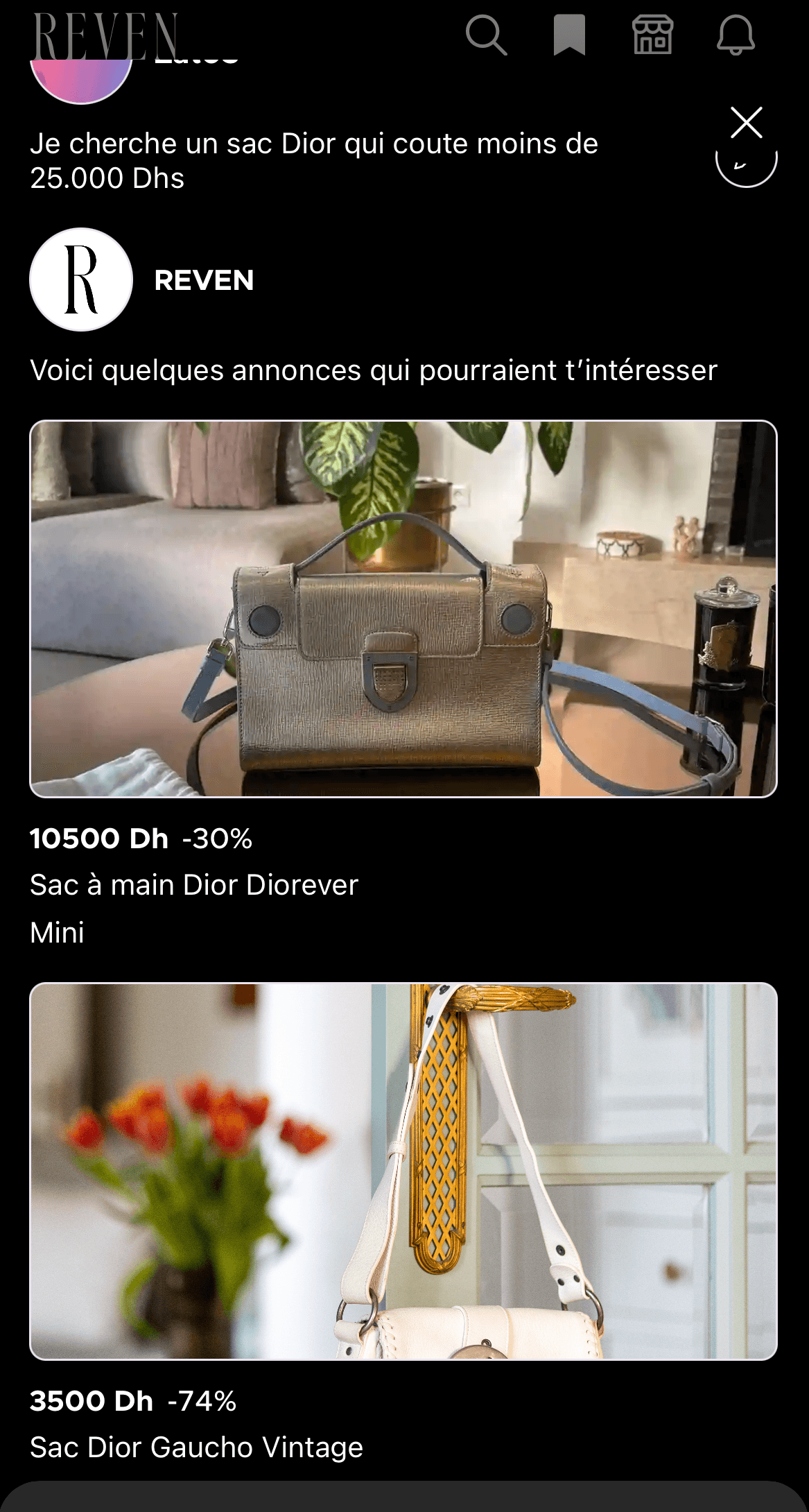 Recherche assistée par IA dans l'application REVEN